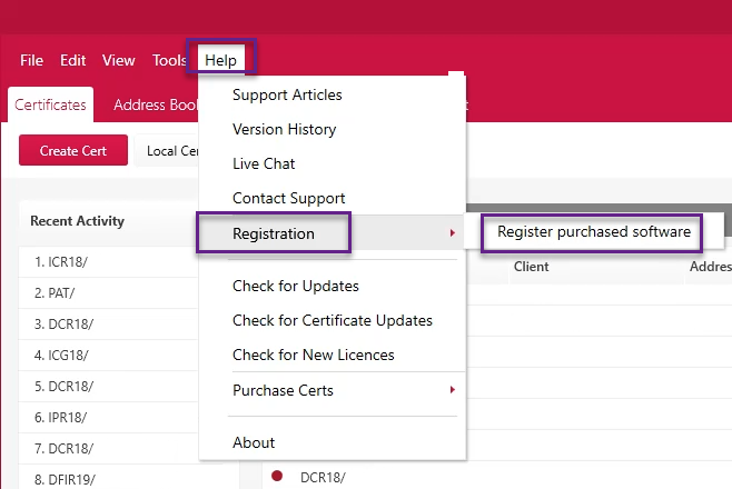 software help menu register purchased software