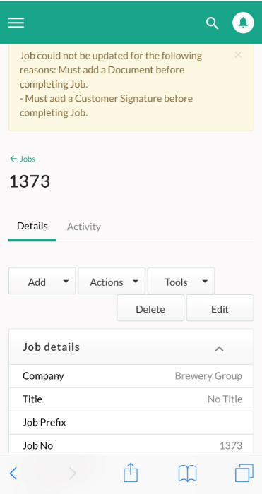job completion error message