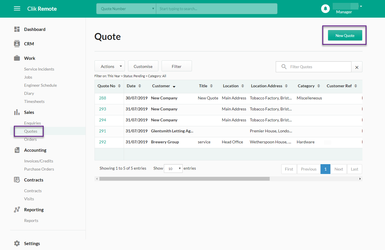 software quotes module, new quote button