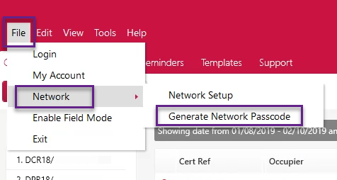 software file menu generate network passcode
