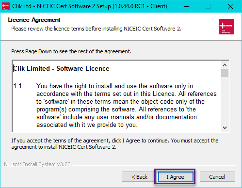 software licence agreement screen