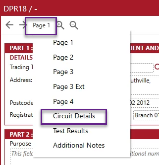 page drop-down, circuit details