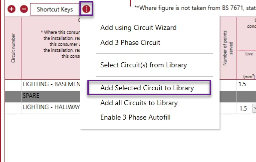 three dots menu, add selected circuit to library