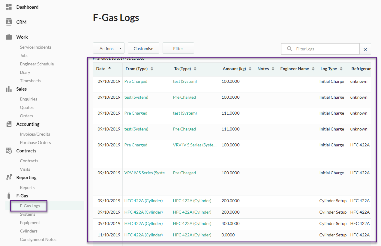 f-gas logs list