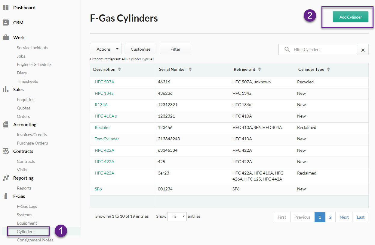 f-gas add cylinder button