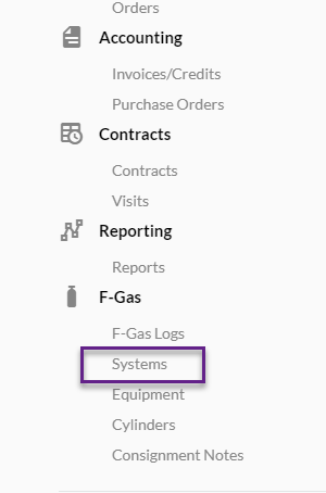 f-gas systems menu option
