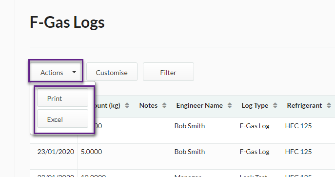 actions drop-down for print or excel options