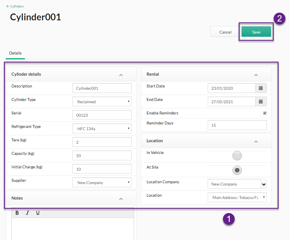 cylinder details save button