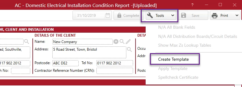 tools drop-down, create template