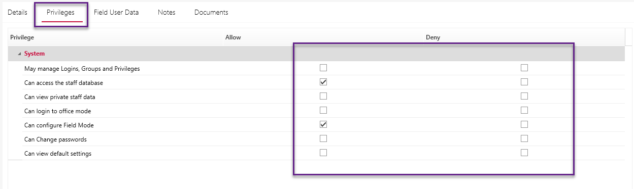 user privileges allow and deny tick boxes