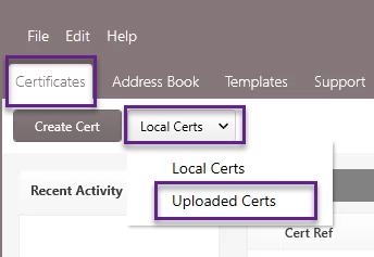 local certs drop-down, uploaded certs