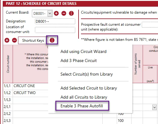 add 3 phase circuit menu option