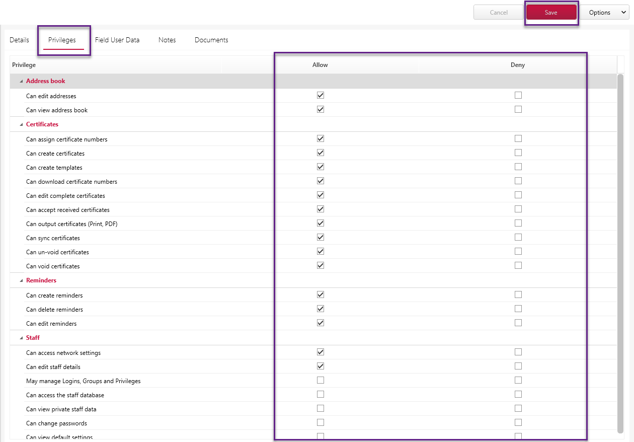 user privileges allow and deny tick boxes