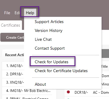 software help menu, check for updates