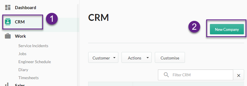 software crm new company button