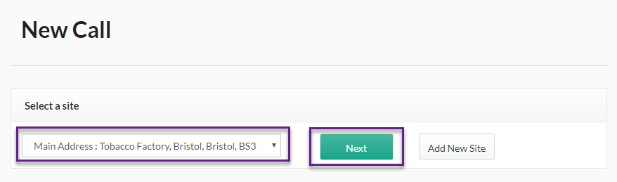 new call select a site screen