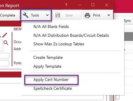 tools drop-down, apply cert number