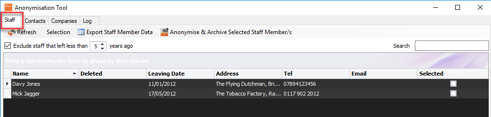 anonymisation tool, staff tab