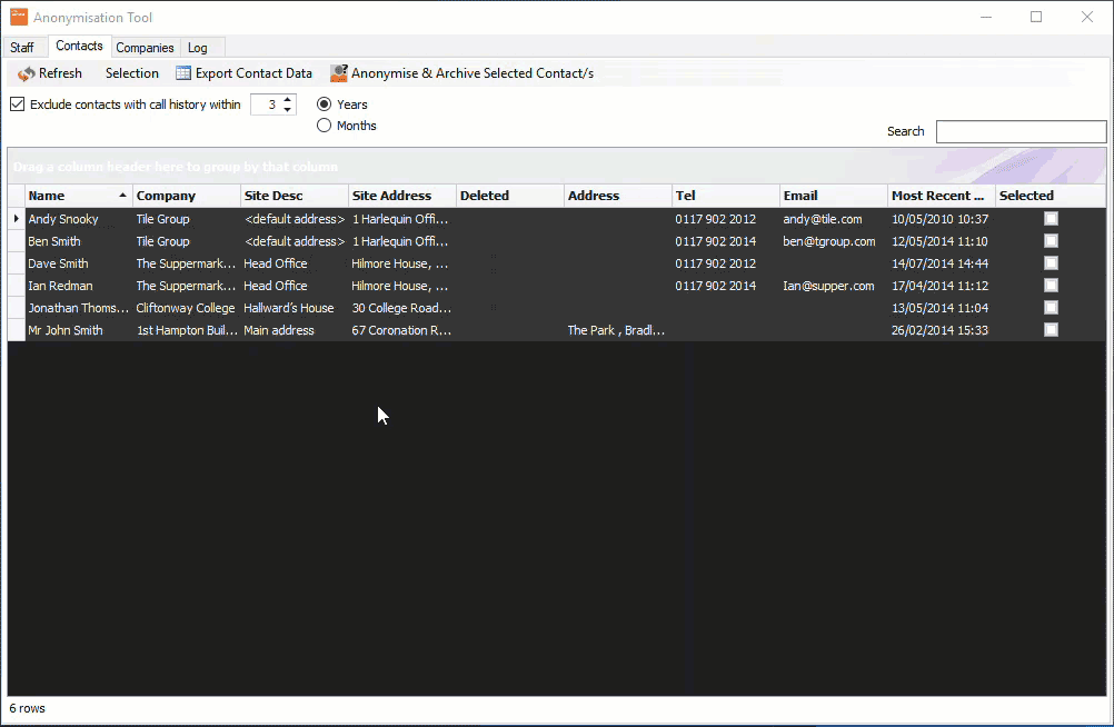 anonymise selected contacts