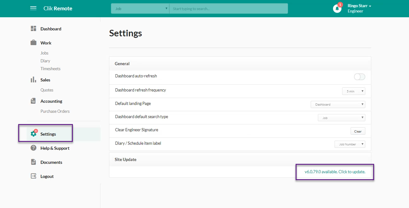 software settings, update