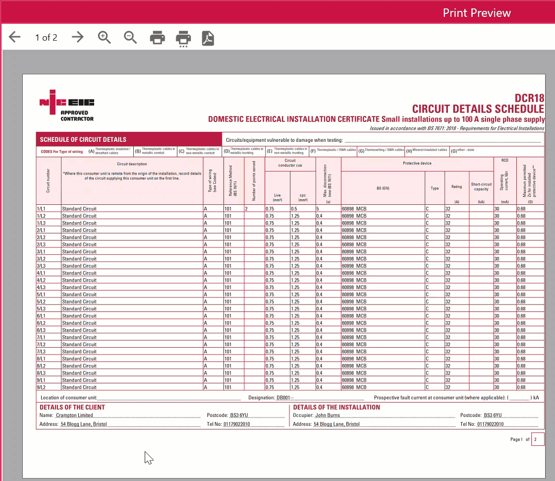 Printing The Circuit Details Schedule In Field Mode NICEIC Clik