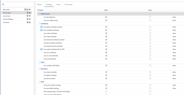 staff screen, privileges