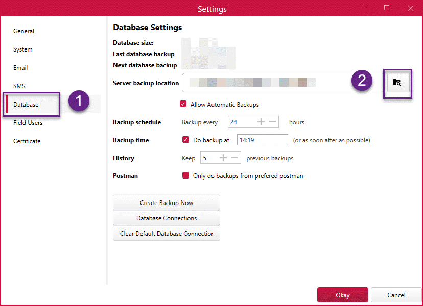 settings screen, database settings