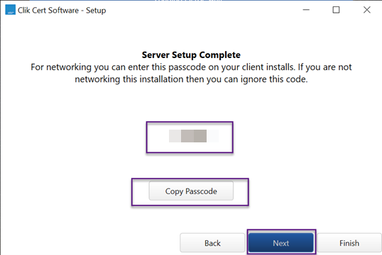 server setup, copy passcode button