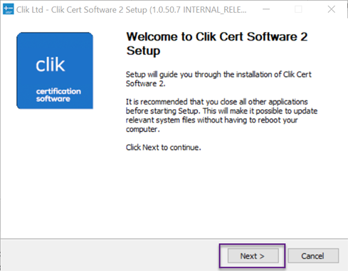welcome setup screen, next button