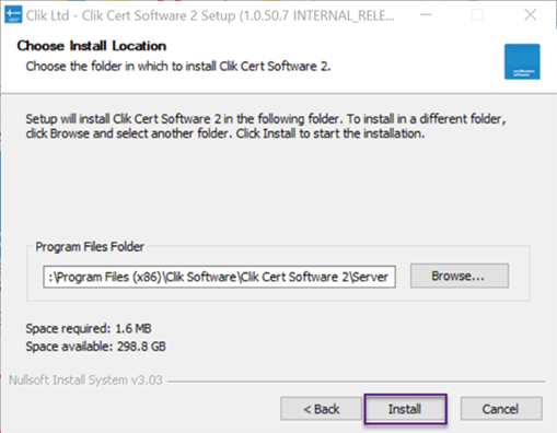 choose install location screen, install button