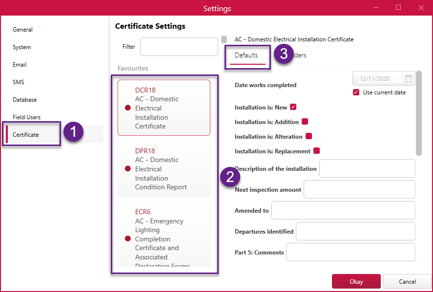 certificate settings defaults