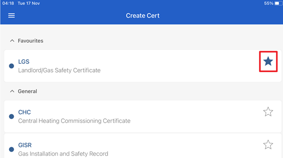 create cert page, star icon