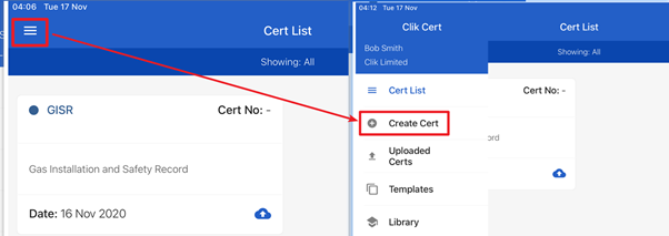 app menu icon, create cert option