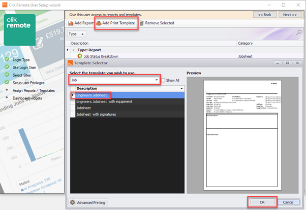 add print template button, template selector