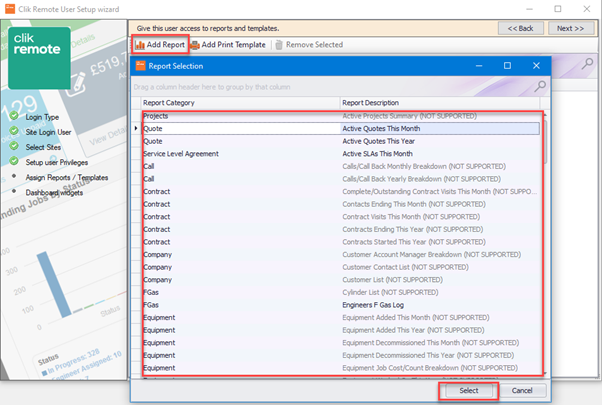 add report button on software, report selection
