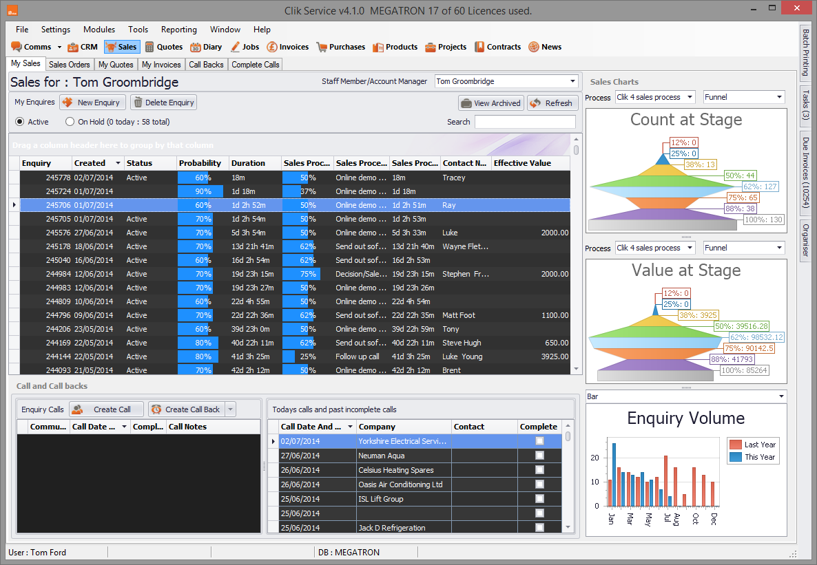 the sales enquiry module in clik service
