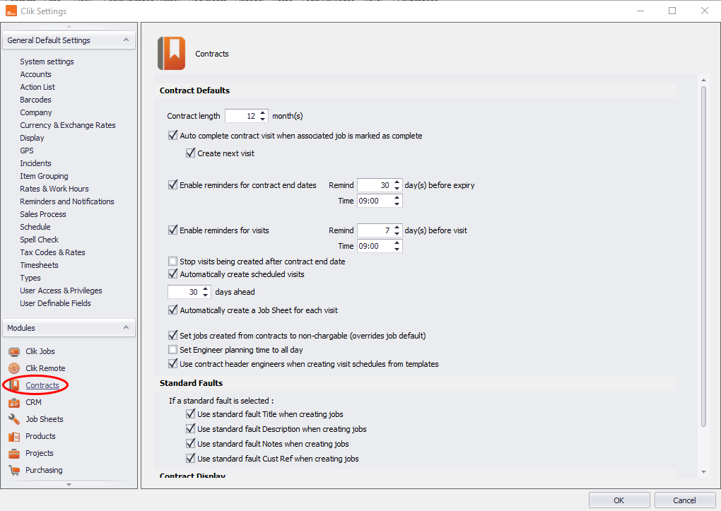edit settings for contracts in clik service