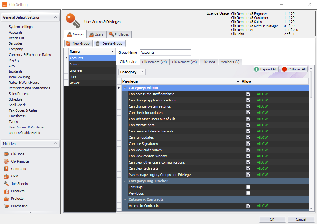 staff, users and permissions in clik service