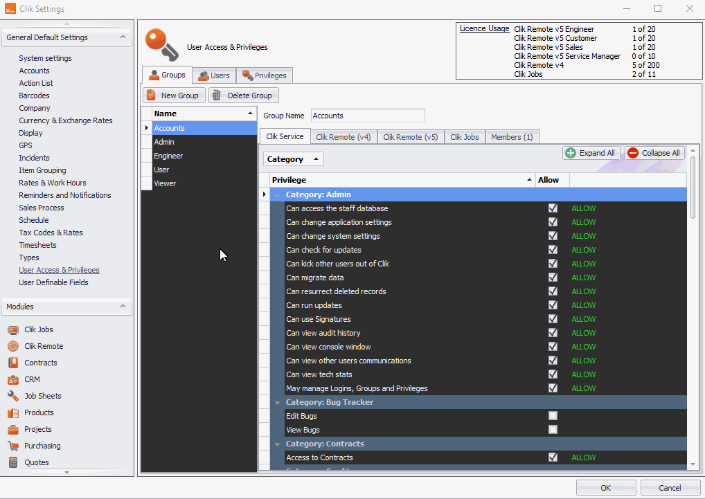 change the admin password for clik service